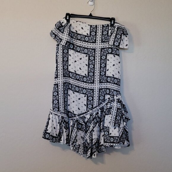 Anthropologie Cinq a Sept Minella off Shoulder Asymmetric Blue White Dress SZ 8 - Picture 4 of 13
